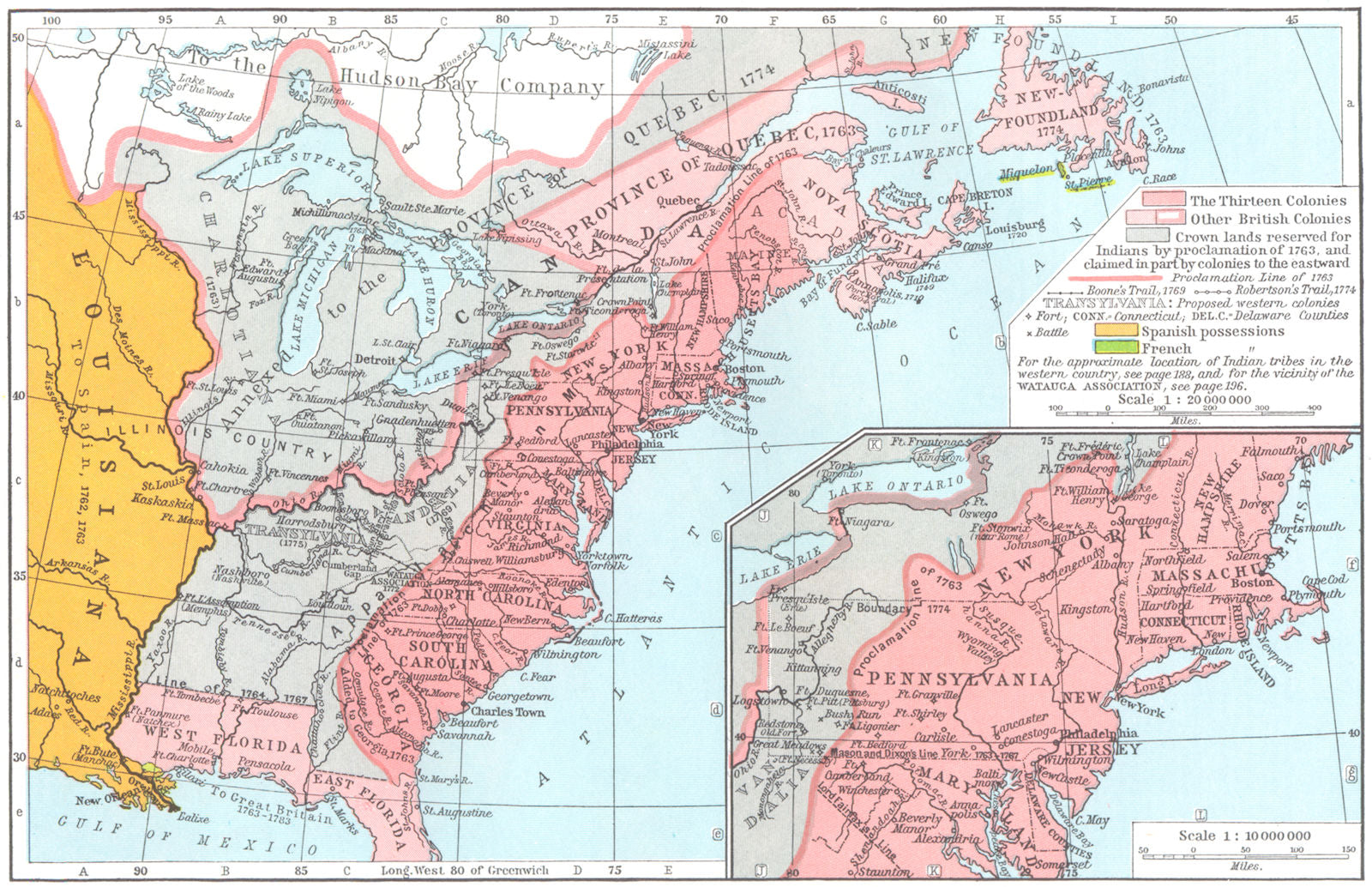 NORTH AMERICA. British Colonies in, 1763-1775; map of Middle 1956 old